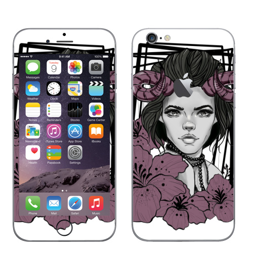 Наклейка на Телефон Apple iPhone 6 с яблоком Девушка рога цветы,  купить в Москве – интернет-магазин Allskins, рогатый, девушка, мистика, цветы, графика, графические, красота, портреты, черный