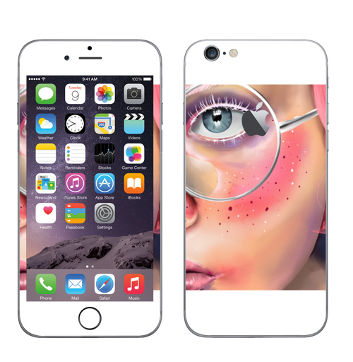 Наклейка на Телефон Apple iPhone 6 с яблоком Розовые веснушки,  купить в Москве – интернет-магазин Allskins, девушка, очки, глаз, розовый, портреты, мило, лицо