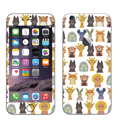 Наклейка на Телефон Apple iPhone 6 с яблоком Милый зверинец,  купить в Москве – интернет-магазин Allskins, зверинец, мило, ежик, собаки, зайчонок, медведь, заяц, лев, жираф, животные, скопление, много, головы, бюст, милые животные