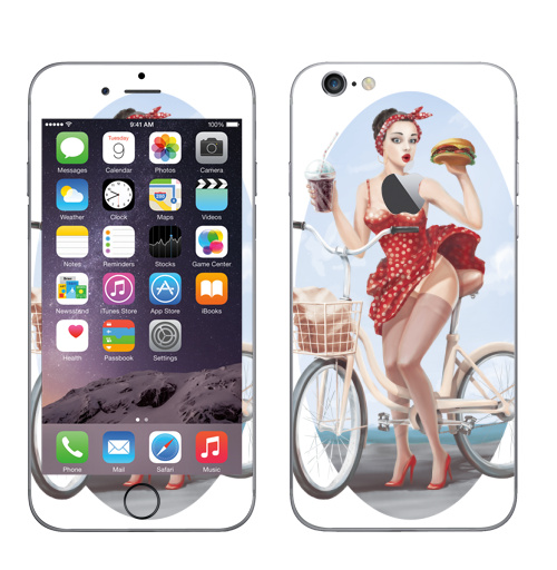 Наклейка на Телефон Apple iPhone 6 с яблоком Девушка кушает бургер на велосипеде,  купить в Москве – интернет-магазин Allskins, девушка, бургер, велосипед, гозировка, платье, пин ап, красный, губы, горошек, позитив, веселый, радость, еда