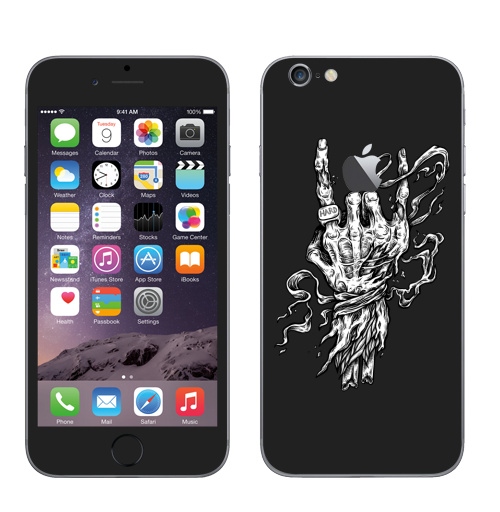 Наклейка на Телефон Apple iPhone 6 с яблоком Роцк Рок Хард,  купить в Москве – интернет-магазин Allskins, стритарт, татуировки, рокнролл, скелет, череп, руки, черно-белое, графика