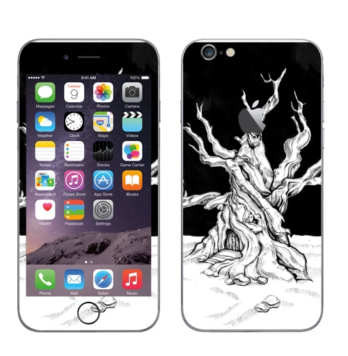 Наклейка на Телефон Apple iPhone 6 с яблоком Старое дерево с дверью и ветками черно-белое,  купить в Москве – интернет-магазин Allskins, лес, ветка, черно-белое, графика, гравюра, дверь, черный_фон