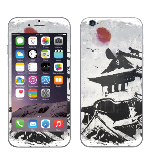 Наклейка на Телефон Apple iPhone 6 с яблоком Кошка и Замок,  купить в Москве – интернет-магазин Allskins, философские, кошка, Япония, самурай, ниндзя, katana, луна, клан, черный, сакура, кот самурай, замок, птицы, минимализм