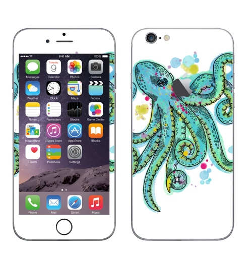 Наклейка на Телефон Apple iPhone 6 с яблоком Бирюзовый осьминог,  купить в Москве – интернет-магазин Allskins, классика, осьминог, бирюзовый, графика, щупальца, морская