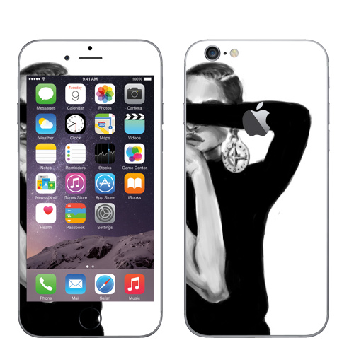 Наклейка на Телефон Apple iPhone 6 с яблоком Девушка с сережкой,  купить в Москве – интернет-магазин Allskins, девушка, модели, черно-белое, сережка, компас, мода