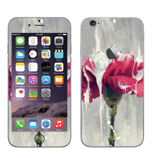 Наклейка на Телефон Apple iPhone 6 с яблоком Цветок в краске,  купить в Москве – интернет-магазин Allskins, Цветочек, красный, графика, рисунки, природа, краски, брызги, пятна, акварель, стебель, бутон, дизайнерская, мягкая, концепт, стильное, белый, лепестки, декоративный, мазки