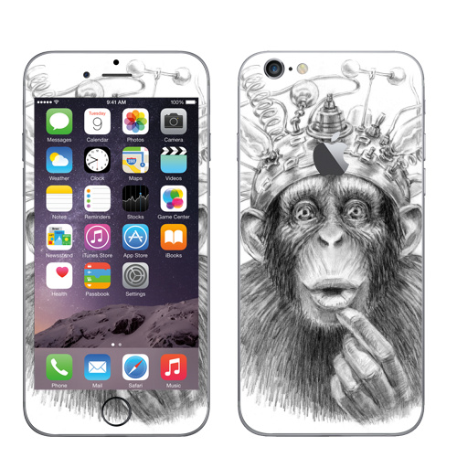 Наклейка на Телефон Apple iPhone 6 с яблоком Умножитель интеллекта,  купить в Москве – интернет-магазин Allskins, обезьяна, мистика, фантастика, электроника, приматы, интеллект, зеркало, задумчивость, ретро, карандаш, эксперимент, лаборатория, лампочки, графика, космос, эволюция