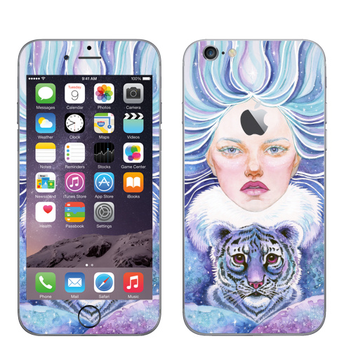 Наклейка на Телефон Apple iPhone 6 с яблоком Девочка с тигрёнком,  купить в Москве – интернет-магазин Allskins, полёт, голубыеволосы, мальвина, симметрия, глаз, декабрь, февраль, январь, снег, волны, волосы, голубой, детские, девушка, тигра, тигры, зима