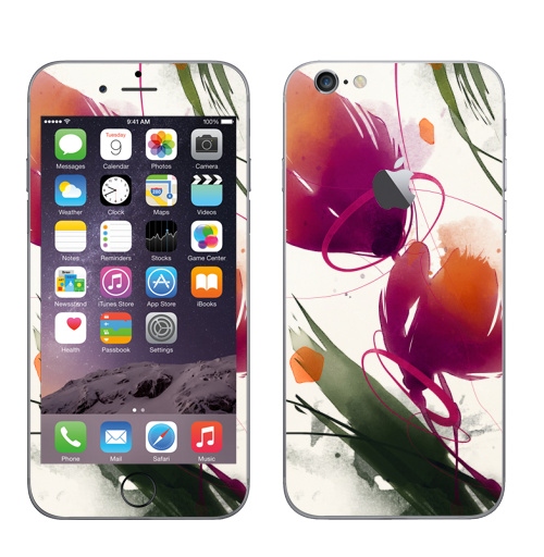 Наклейка на Телефон Apple iPhone 6 с яблоком Акварельные абстрактные цветы,  купить в Москве – интернет-магазин Allskins, акварель, цветы, абстракция, природа, яркий, дизайнер, пятна, рисунки, картины, графика, бутон, растение, белый, фиолетовый, мазки