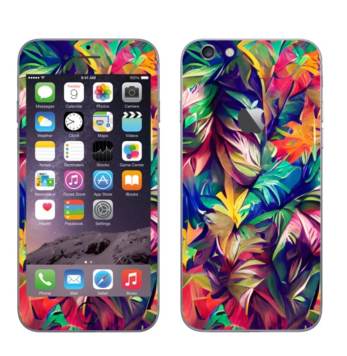 Наклейка на Телефон Apple iPhone 6 с яблоком Красочные тропические листья,  купить в Москве – интернет-магазин Allskins, психоделика, листья, тропики, лес, яркий, паттерн, абстракция, цвет, экзотика, оригинальность