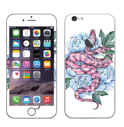 Наклейка на Телефон Apple iPhone 6 с яблоком Змея и голубые пионы,  купить в Москве – интернет-магазин Allskins, змея, татуировки, пион, цветы, ботаника, акварель, нежно, лес, розовый, голубой, дерзкий, летний, зеленые, рептилии