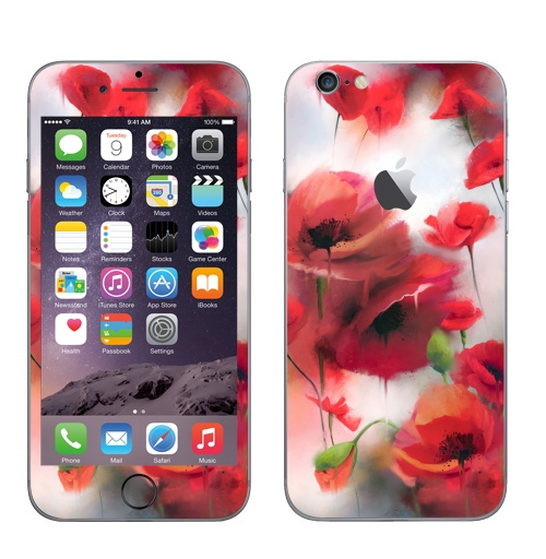 Наклейка на Телефон Apple iPhone 6 с яблоком Маки маки,  купить в Москве – интернет-магазин Allskins, мак, цветы, рисунки, живопись, бутоны, акварель, лес, краски, брызги, графика, мода, дизайнер, природа, красный, интерьер, яркий, пятна