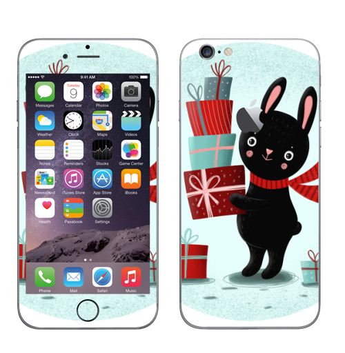Наклейка на Телефон Apple iPhone 6 с яблоком Черный кролик с подарками,  купить в Москве – интернет-магазин Allskins, кролики, заяц, читатель, новый год, символ, черный, красный, бирюзовый, символ_года, подарки