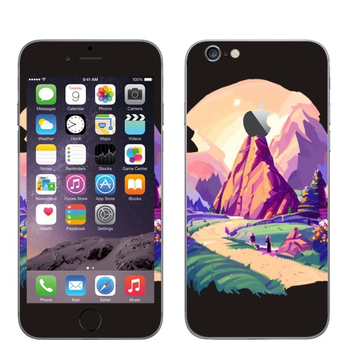 Наклейка на Телефон Apple iPhone 6 с яблоком Летний горный пейзаж,  купить в Москве – интернет-магазин Allskins, поп-арт, читатель, лето, путешествия, яркий, модный, стильно, молодежный, бежевый, зеленый, фиолетовый, природный, горы, хиппи