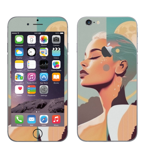 Наклейка на Телефон Apple iPhone 6 с яблоком Лунный свет в тропическом раю,  купить в Москве – интернет-магазин Allskins, сюрреализм, девушка, луна, тропики, небо, пейзаж, ретро, серфинг, портреты, женственно, голубой