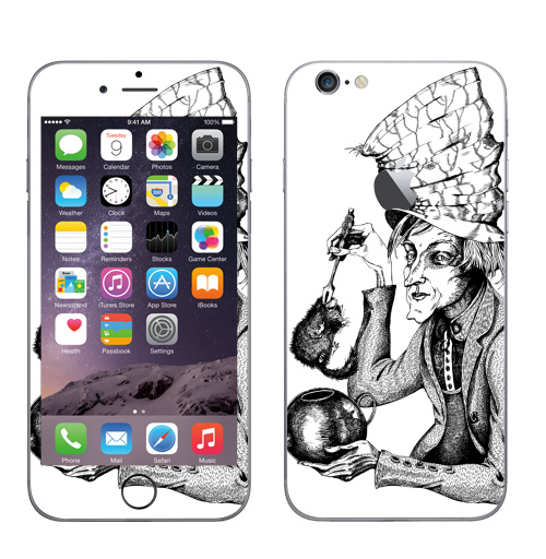 Наклейка на Телефон Apple iPhone 6 с яблоком Сможет ли Соня жить в чайнике?,  купить в Москве – интернет-магазин Allskins, Алиса в стране чудес, графика, шляпа, чай и кофе