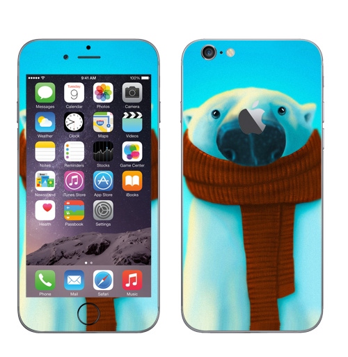 Наклейка на Телефон Apple iPhone 6 с яблоком Михаил Белошубов,  купить в Москве – интернет-магазин Allskins, крутые животные, зима, медведь, шарф, детские, 300 Лучших работ, милые животные