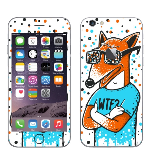 Наклейка на Телефон Apple iPhone 6 с яблоком WTF?,  купить в Москве – интернет-магазин Allskins, милые животные, 300 Лучших работ, голубой, конфетти, очки, лиса, животные, оранжевый