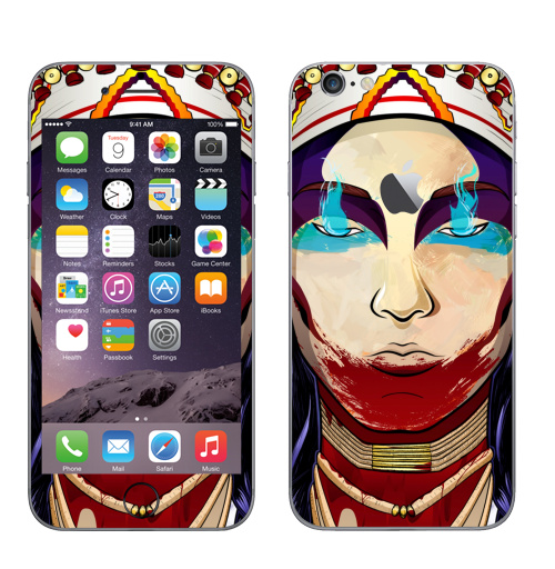 Наклейка на Телефон Apple iPhone 6 с яблоком Greed,  купить в Москве – интернет-магазин Allskins, женские, уборы, головные, Индианка, перья, кровь, дух, девушка, индеец, 300 Лучших работ