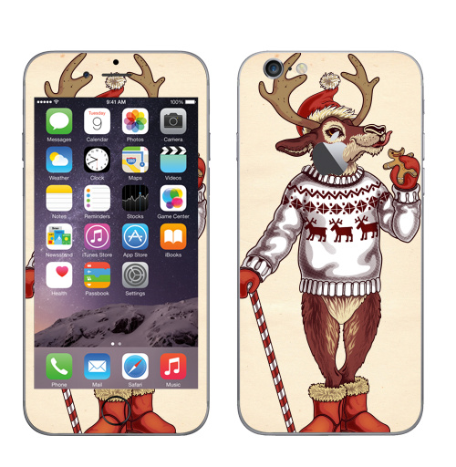 Наклейка на Телефон Apple iPhone 6 с яблоком Олень санты,  купить в Москве – интернет-магазин Allskins, печенье, олень, новый год, 300 Лучших работ, милые животные, крутые животные