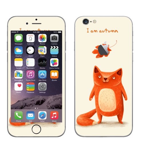 Наклейка на Телефон Apple iPhone 6 с яблоком Я — осень,  купить в Москве – интернет-магазин Allskins, крутые животные, осень, оранжевый, лиса, животные, детские, милые животные