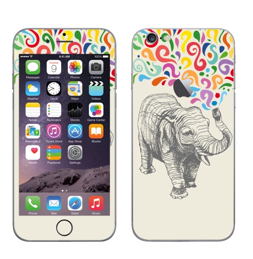 Наклейка на Телефон Apple iPhone 6 с яблоком Слон,  купить в Москве – интернет-магазин Allskins, 300 Лучших работ, животные, графика, брызги, слоны, разноцветное, фонтан