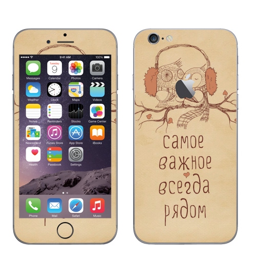 Наклейка на Телефон Apple iPhone 6 с яблоком Двое,  купить в Москве – интернет-магазин Allskins, животные, любовь, кошка, персонажи, сова, для_влюбленных, чай и кофе, парные, милые животные