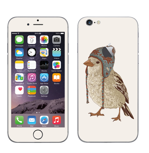 Наклейка на Телефон Apple iPhone 6 с яблоком Птица в шапке,  купить в Москве – интернет-магазин Allskins, 300 Лучших работ, пипстер, шапка, птицы, зима, новый год, коричневый, крутые животные