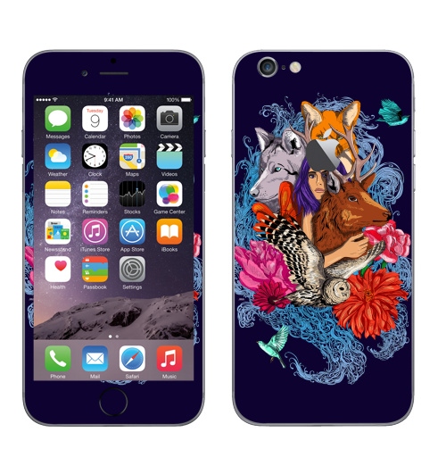Наклейка на Телефон Apple iPhone 6 с яблоком Dear deer,  купить в Москве – интернет-магазин Allskins, животные, лиса, графика, волк, девушка, лес, олень, птицы, собаки