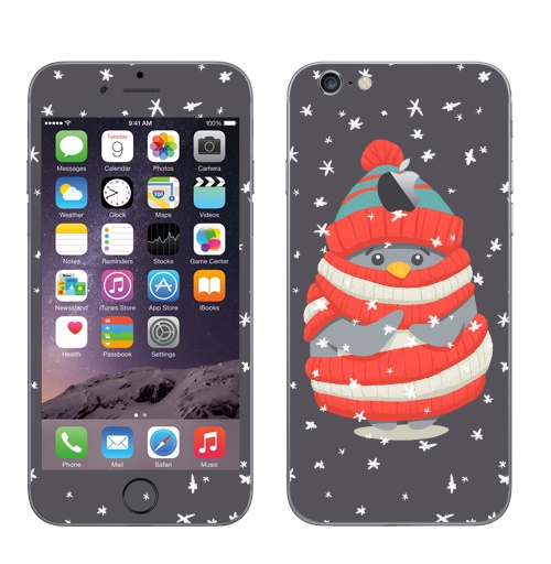 Наклейка на Телефон Apple iPhone 6 с яблоком Пингвин в шарфе и шапке,  купить в Москве – интернет-магазин Allskins, новый год, зима, лес, пингвин, снег, шапка, шарф, замерз