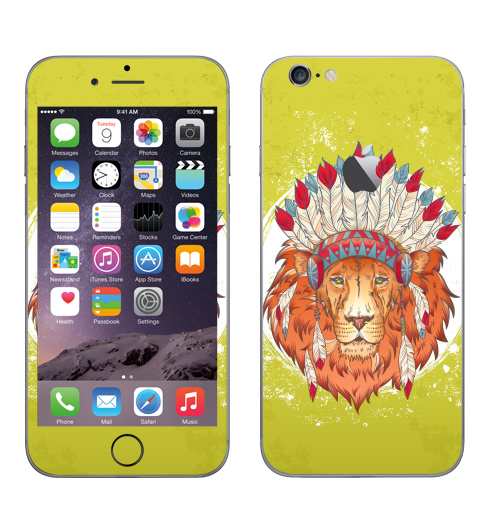 Наклейка на Телефон Apple iPhone 6 с яблоком ВОЖДЬ ЗВЕРЕЙ,  купить в Москве – интернет-магазин Allskins, индеец, животные, лев, иллюстация, перья