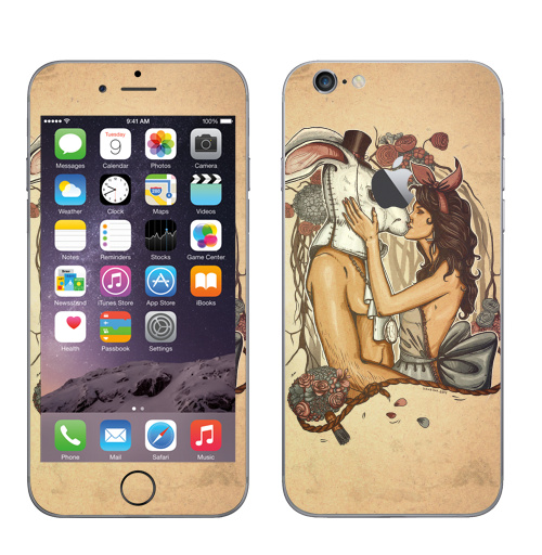 Наклейка на Телефон Apple iPhone 6 с яблоком Кроликачасы,  купить в Москве – интернет-магазин Allskins, заяц, любовь, цветы, время, девушка, красота