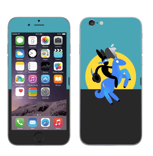 Наклейка на Телефон Apple iPhone 6 с яблоком Синийконь,  купить в Москве – интернет-магазин Allskins, черный, зорро, синий, лошадь, заяц