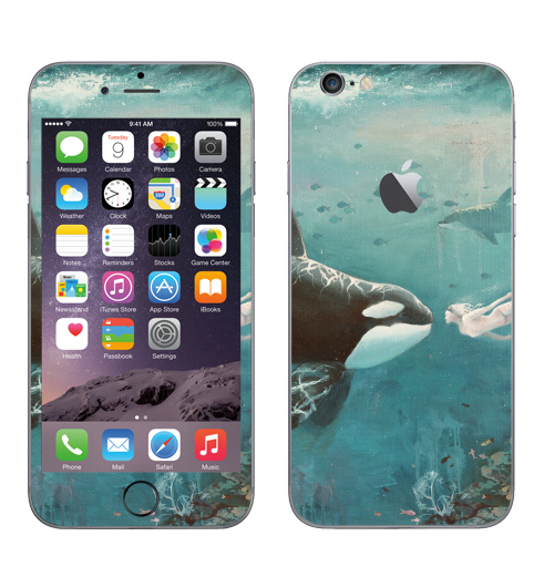Наклейка на Телефон Apple iPhone 6 с яблоком Орка,  купить в Москве – интернет-магазин Allskins, голубой, любовь, касатка, морская, подводная, дельфины, девушка, зеленый