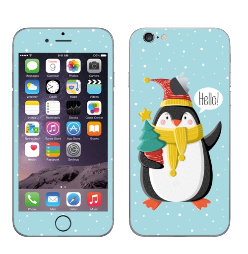 Наклейка на Телефон Apple iPhone 6 с яблоком Пингвин с ёлкой,  купить в Москве – интернет-магазин Allskins, шапка, снег, новый год, пингвин, детские