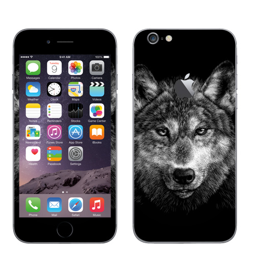 Наклейка на Телефон Apple iPhone 6 с яблоком Волчище,  купить в Москве – интернет-магазин Allskins, морда, животные, волк, полностьючерный, 300 Лучших работ