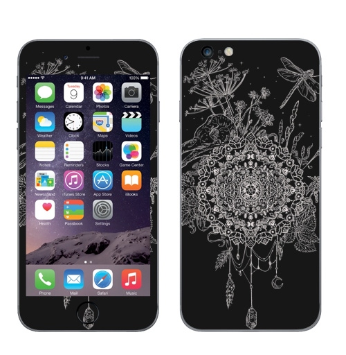 Наклейка на Телефон Apple iPhone 6 plus Русское поле,  купить в Москве – интернет-магазин Allskins, графика, череп, птицы, стрекоза, мандала, узор, ловец, крапива, черный