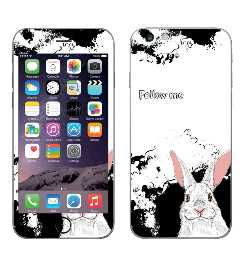 Наклейка на Телефон Apple iPhone 6 plus Следуй за белым кроликом,  купить в Москве – интернет-магазин Allskins, надписи на английском, заяц, белый, графика, надписи, черный, черно-белое, кролики, животные, зима