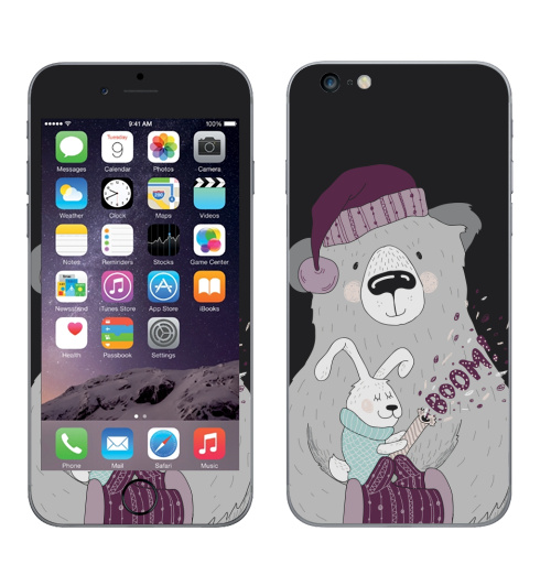 Наклейка на Телефон Apple iPhone 6 plus Зверушки празднуют,  купить в Москве – интернет-магазин Allskins, пикник, новый год, зима, мило, варежки, медведь, заяц, животные