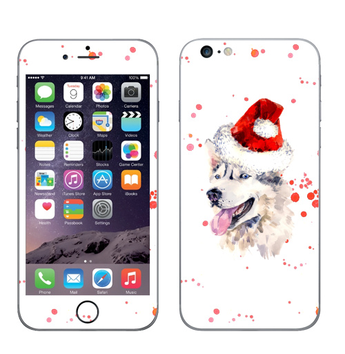 Наклейка на Телефон Apple iPhone 6 plus Улыбающаяся собака в новогодней шапке,  купить в Москве – интернет-магазин Allskins, красный, мило, шапка, детские, персонажи, акварель, животные, зима, собаки