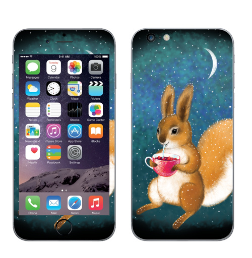 Наклейка на Телефон Apple iPhone 6 plus Белка-полуночница,  купить в Москве – интернет-магазин Allskins, графика, напиток, шерсть, зима, снег, животные, чай и кофе, белка, месяц