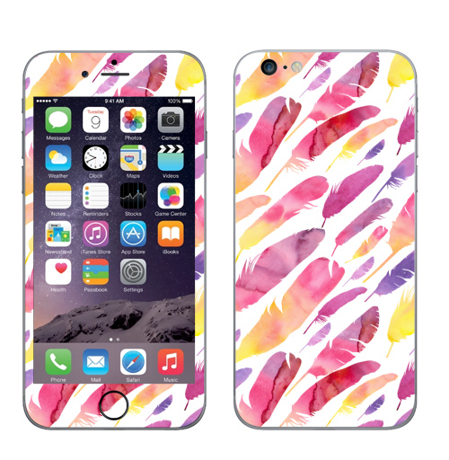 Наклейка на Телефон Apple iPhone 6 plus Акварельные перышки на белом фоне,  купить в Москве – интернет-магазин Allskins, перья, фиолетовый, сиреневый, лимонный, розовый, градиент, текстура, акварель