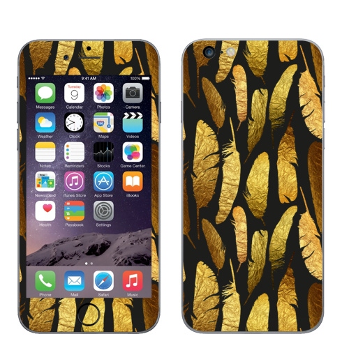 Наклейка на Телефон Apple iPhone 6 plus - Золотые перья -,  купить в Москве – интернет-магазин Allskins, фольга, текстура, золото, черный, перья, контур