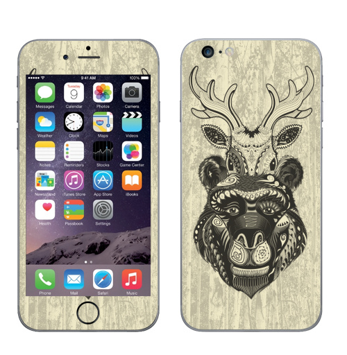 Наклейка на Телефон Apple iPhone 6 plus Забодай,  купить в Москве – интернет-магазин Allskins, черно-белое, олень, медведь, природа, дружба, персонажи, графика, животные