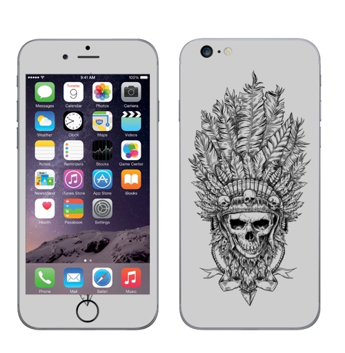 Наклейка на Телефон Apple iPhone 6 plus Вождь и перья,  купить в Москве – интернет-магазин Allskins, одноцветный, индеец, череп, оружие, лицо, синий, мужик, ковбой, графика