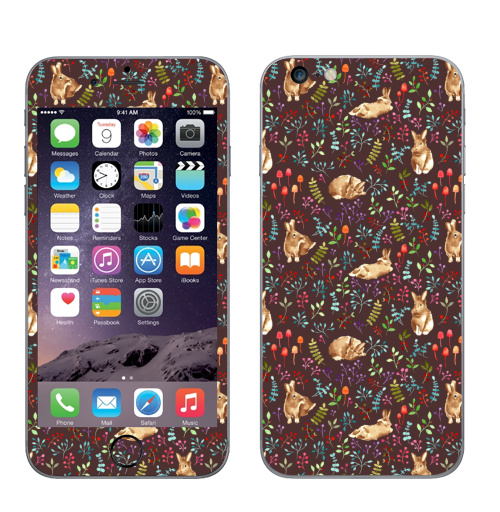 Наклейка на Телефон Apple iPhone 6 plus Кролики в лесу,  купить в Москве – интернет-магазин Allskins, паттерн, акварель, кролики, заяц, лес, лесной, полнаязапечатка, мимими, ягоды