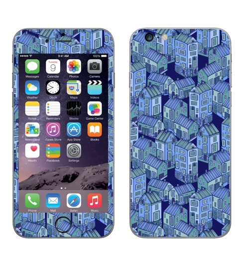Наклейка на Телефон Apple iPhone 6 plus Текстура с голубыми домиками,  купить в Москве – интернет-магазин Allskins, голубой, дома, домики, мило, текстура, паттерн, город