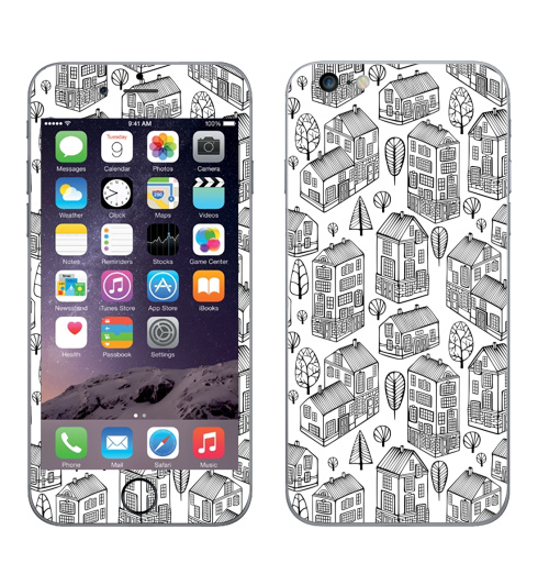 Наклейка на Телефон Apple iPhone 6 plus Черно-белая текстура с домиками,  купить в Москве – интернет-магазин Allskins, дома, домики, мило, текстура, паттерн, мультфильмы, город
