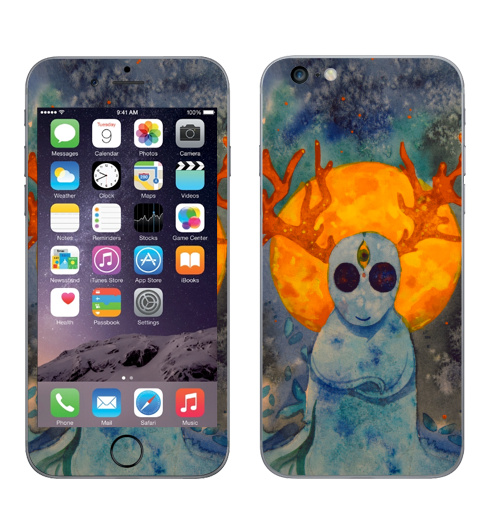 Наклейка на Телефон Apple iPhone 6 plus Дух,  купить в Москве – интернет-магазин Allskins, дух, привидение, олень, призрак, луна, желтое, голубой, космос, звезда