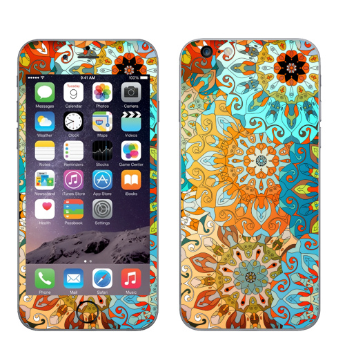 Наклейка на Телефон Apple iPhone 6 plus Солнечная мандала,  купить в Москве – интернет-магазин Allskins, яркий, мандала, индийский, восточный, оранжевый, паттерн, синий, голубой, сияющий